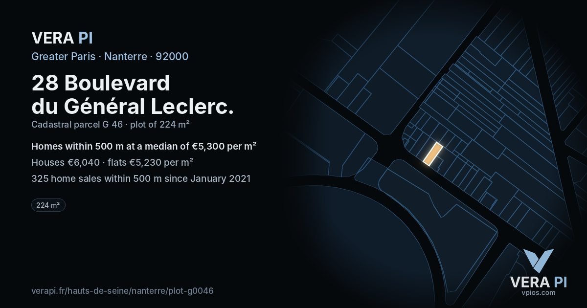 28 Boulevard du Général Leclerc, Nanterre at night – the plot lit, the parcels around coloured by the prices near them