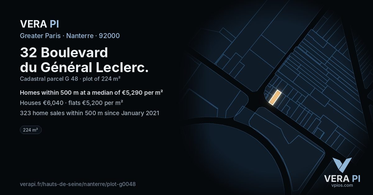 32 Boulevard du Général Leclerc, Nanterre at night – the plot lit, the parcels around coloured by the prices near them