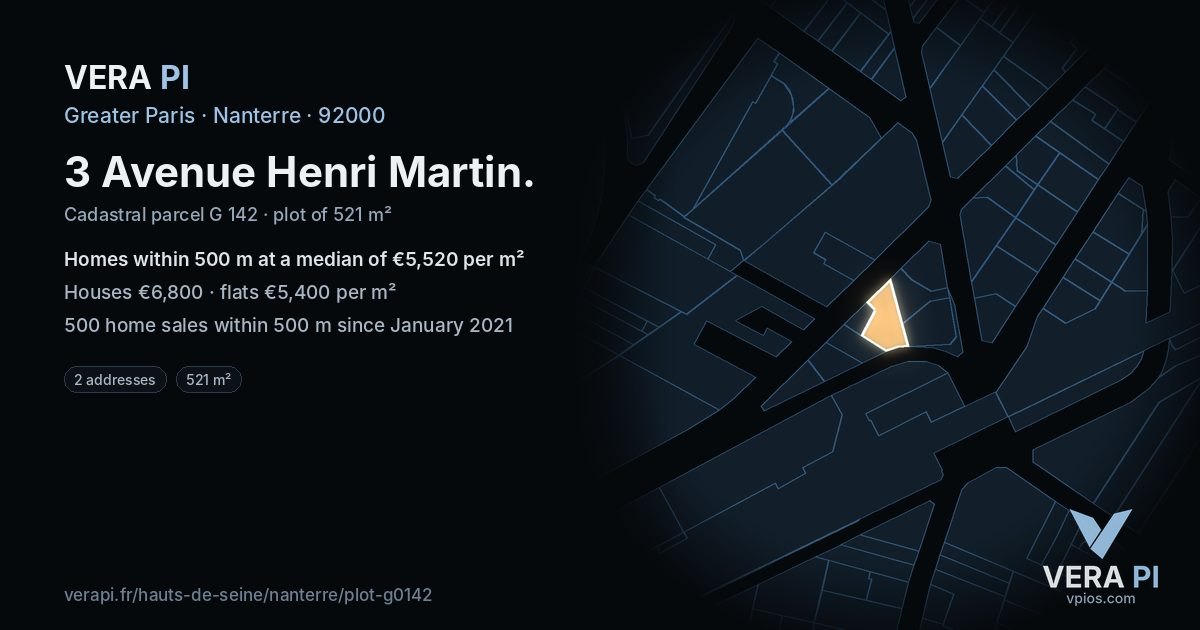 3 Avenue Henri Martin, Nanterre at night – the plot lit, the parcels around coloured by the prices near them