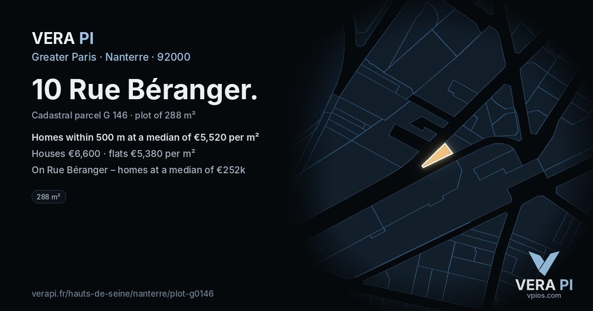 10 Rue Béranger, Nanterre at night – the plot lit, the parcels around coloured by the prices near them