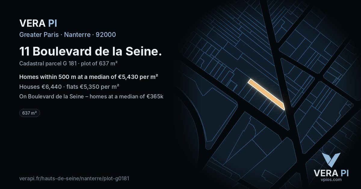 11 Boulevard de la Seine, Nanterre at night – the plot lit, the parcels around coloured by the prices near them