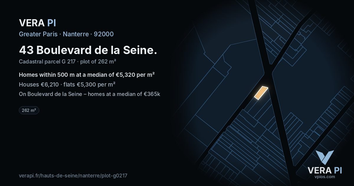 43 Boulevard de la Seine, Nanterre at night – the plot lit, the parcels around coloured by the prices near them