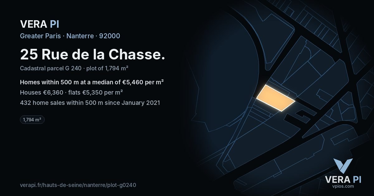 25 Rue de la Chasse, Nanterre at night – the plot lit, the parcels around coloured by the prices near them