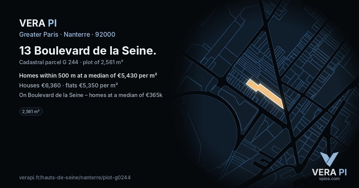 13 Boulevard de la Seine, Nanterre at night – the plot lit, the parcels around coloured by the prices near them