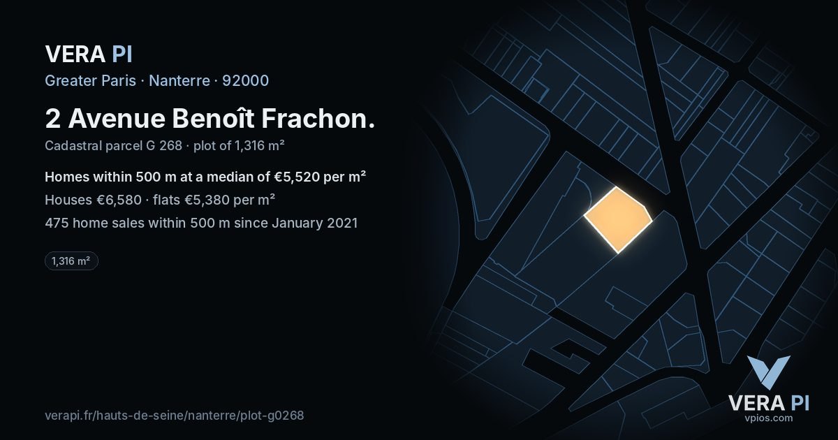 2 Avenue Benoît Frachon, Nanterre at night – the plot lit, the parcels around coloured by the prices near them