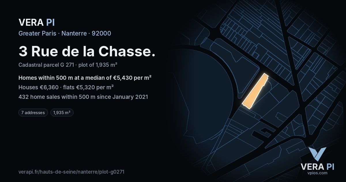 3 Rue de la Chasse, Nanterre at night – the plot lit, the parcels around coloured by the prices near them