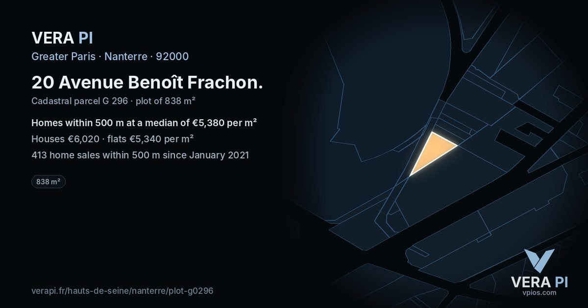 20 Avenue Benoît Frachon, Nanterre at night – the plot lit, the parcels around coloured by the prices near them