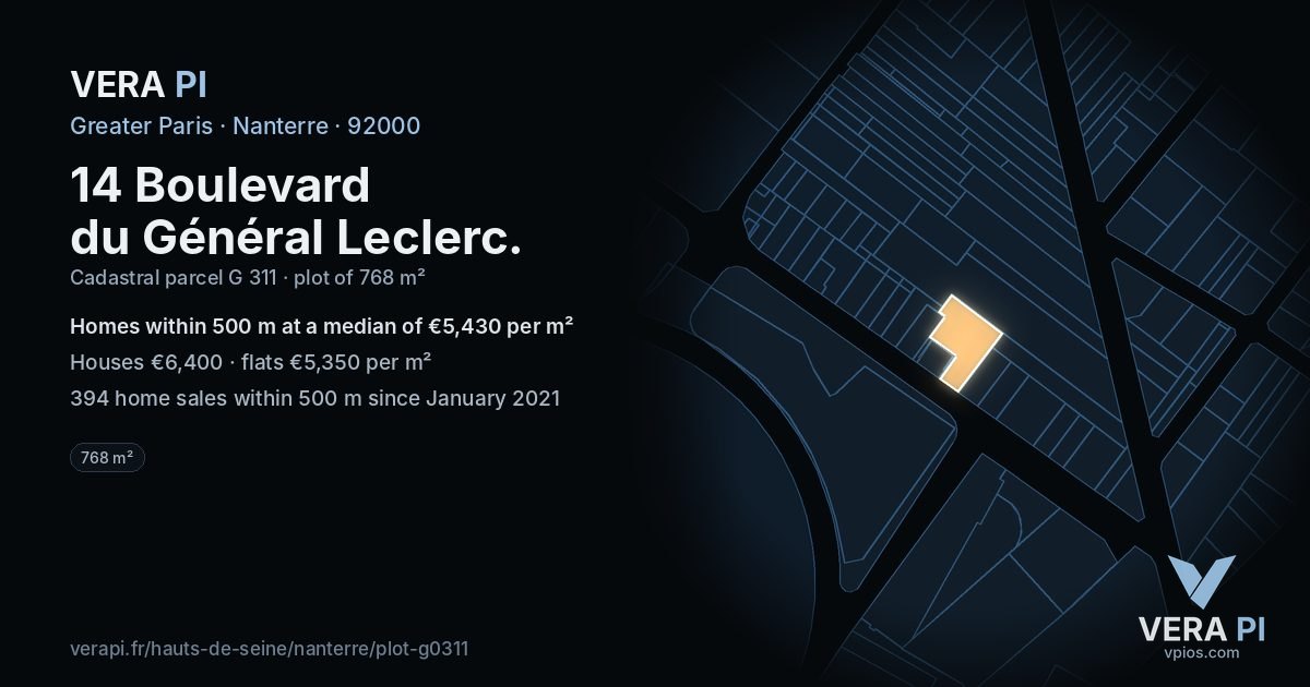 14 Boulevard du Général Leclerc, Nanterre at night – the plot lit, the parcels around coloured by the prices near them