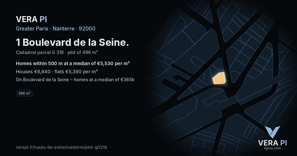 1 Boulevard de la Seine, Nanterre at night – the plot lit, the parcels around coloured by the prices near them