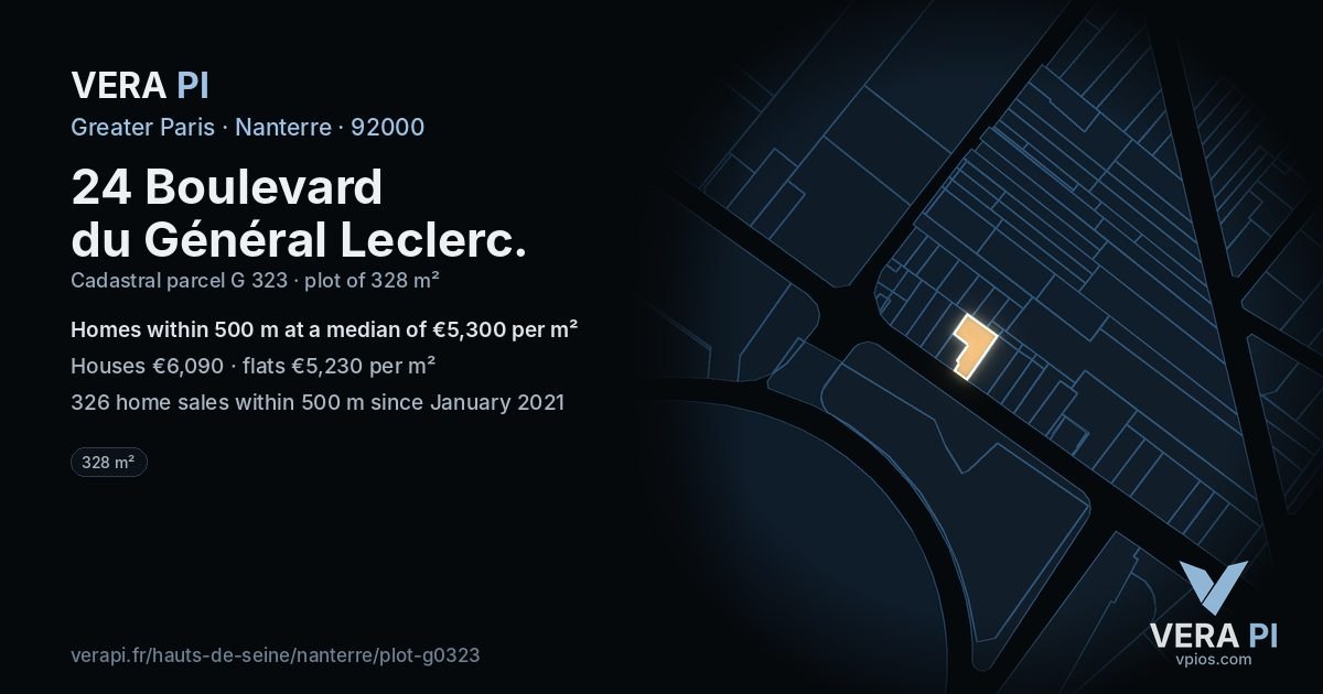 24 Boulevard du Général Leclerc, Nanterre at night – the plot lit, the parcels around coloured by the prices near them