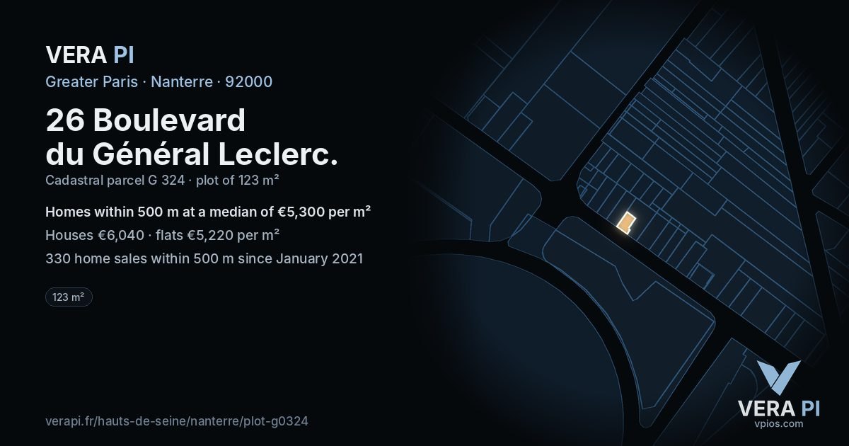 26 Boulevard du Général Leclerc, Nanterre at night – the plot lit, the parcels around coloured by the prices near them