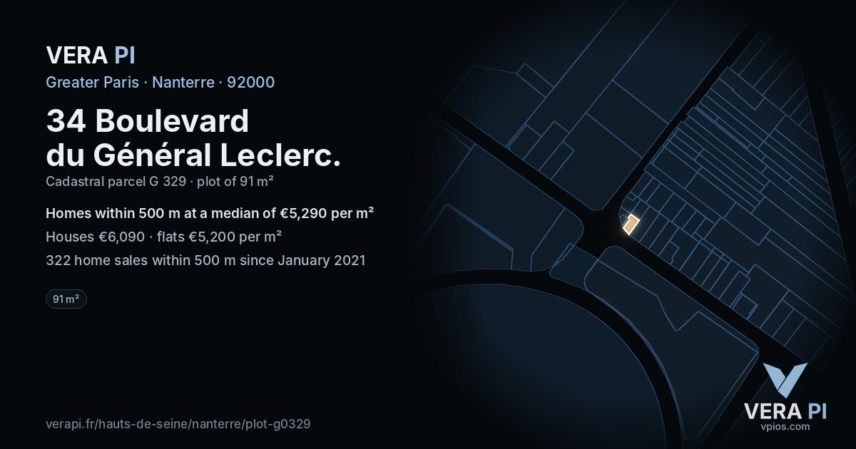 34 Boulevard du Général Leclerc, Nanterre at night – the plot lit, the parcels around coloured by the prices near them