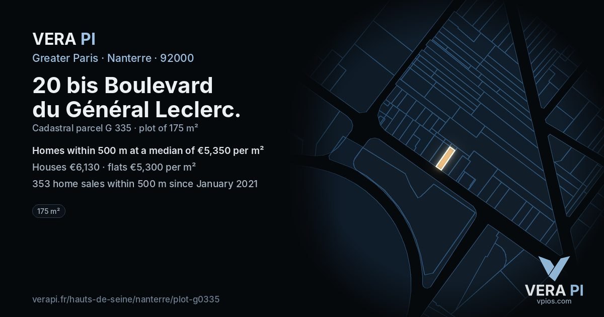 20 bis Boulevard du Général Leclerc, Nanterre at night – the plot lit, the parcels around coloured by the prices near them