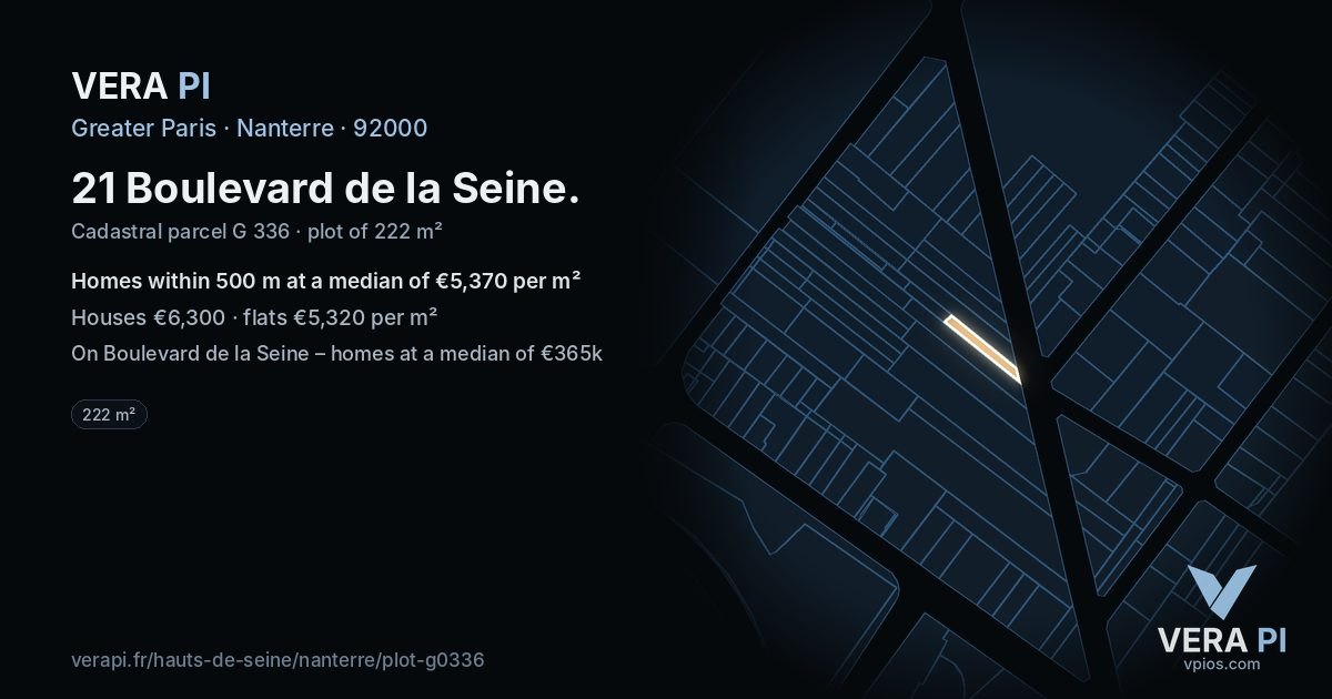 21 Boulevard de la Seine, Nanterre at night – the plot lit, the parcels around coloured by the prices near them