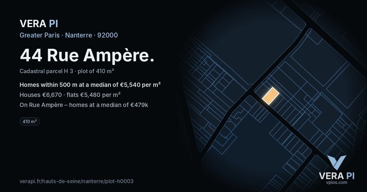44 Rue Ampère, Nanterre at night – the plot lit, the parcels around coloured by the prices near them