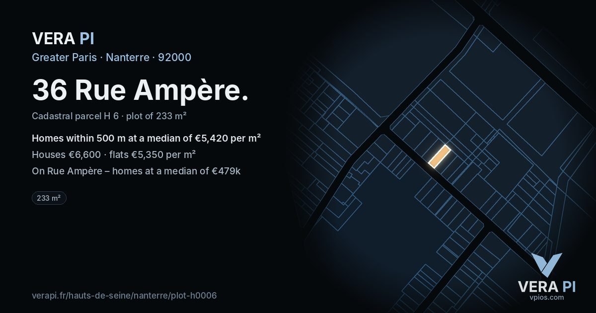 36 Rue Ampère, Nanterre at night – the plot lit, the parcels around coloured by the prices near them