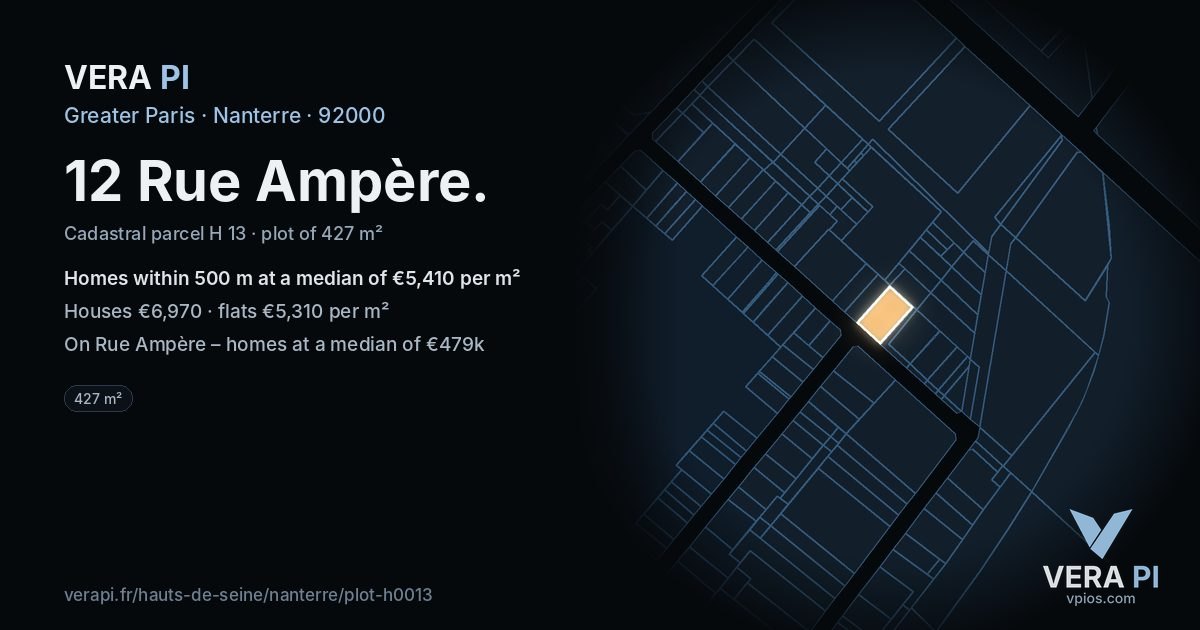 12 Rue Ampère, Nanterre at night – the plot lit, the parcels around coloured by the prices near them