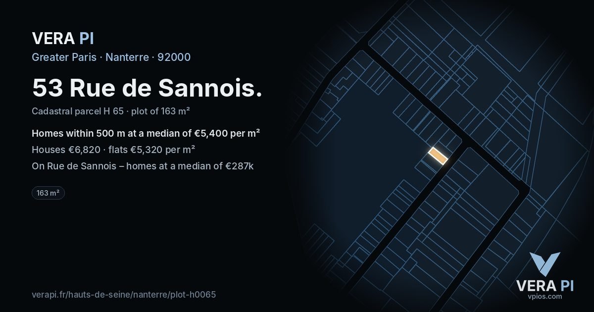 53 Rue de Sannois, Nanterre at night – the plot lit, the parcels around coloured by the prices near them