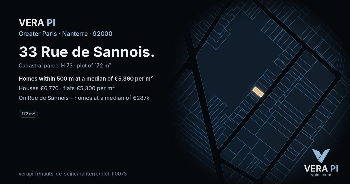 33 Rue de Sannois, Nanterre at night – the plot lit, the parcels around coloured by the prices near them