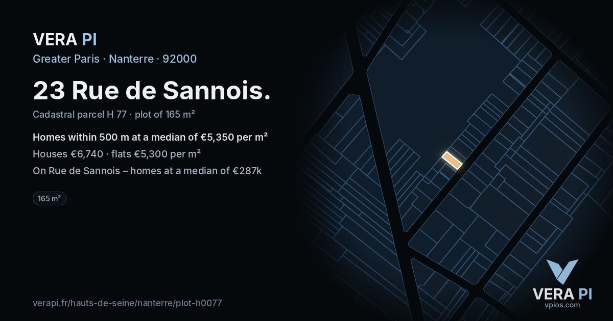 23 Rue de Sannois, Nanterre at night – the plot lit, the parcels around coloured by the prices near them