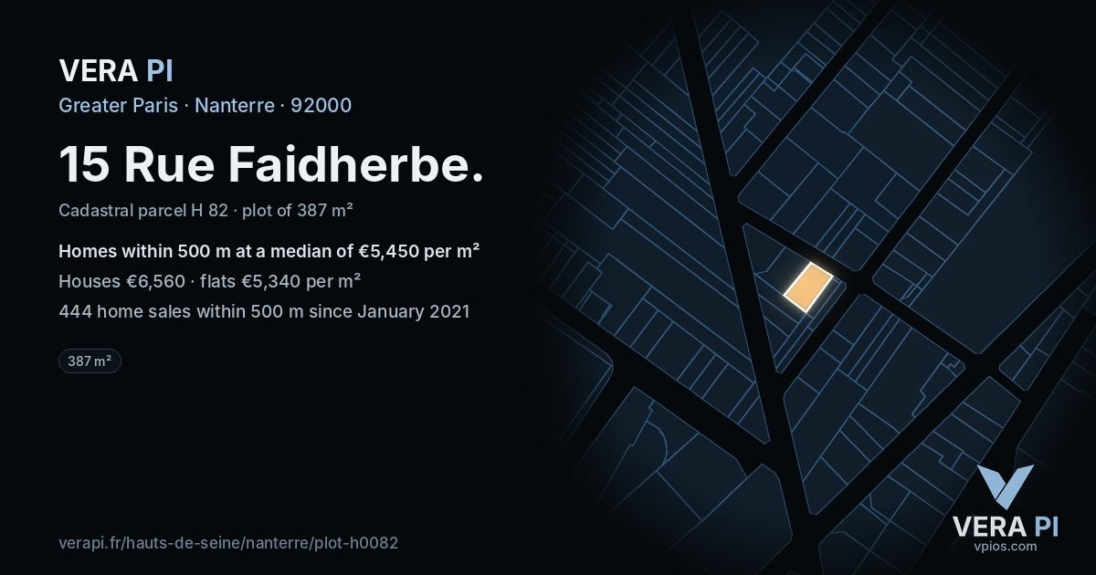 15 Rue Faidherbe, Nanterre at night – the plot lit, the parcels around coloured by the prices near them