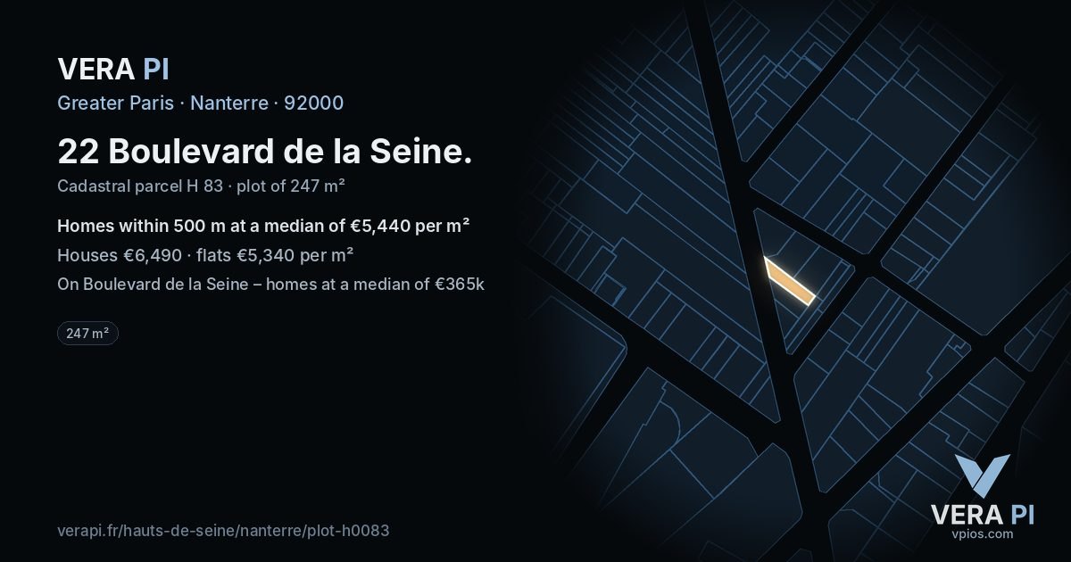 22 Boulevard de la Seine, Nanterre at night – the plot lit, the parcels around coloured by the prices near them