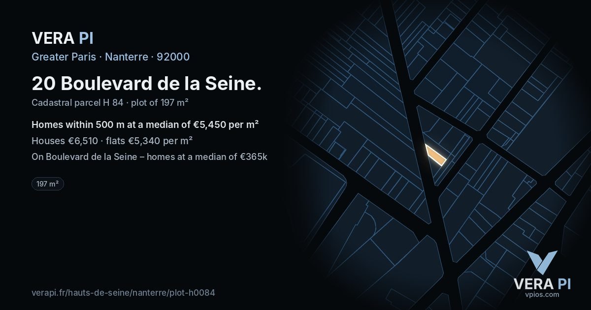 20 Boulevard de la Seine, Nanterre at night – the plot lit, the parcels around coloured by the prices near them