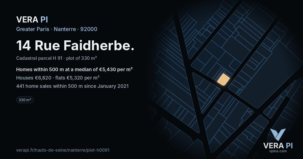 14 Rue Faidherbe, Nanterre at night – the plot lit, the parcels around coloured by the prices near them