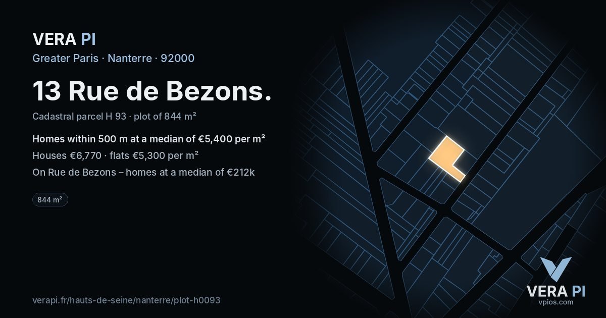 13 Rue de Bezons, Nanterre at night – the plot lit, the parcels around coloured by the prices near them