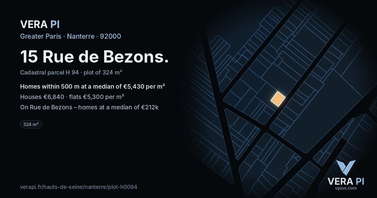 15 Rue de Bezons, Nanterre at night – the plot lit, the parcels around coloured by the prices near them