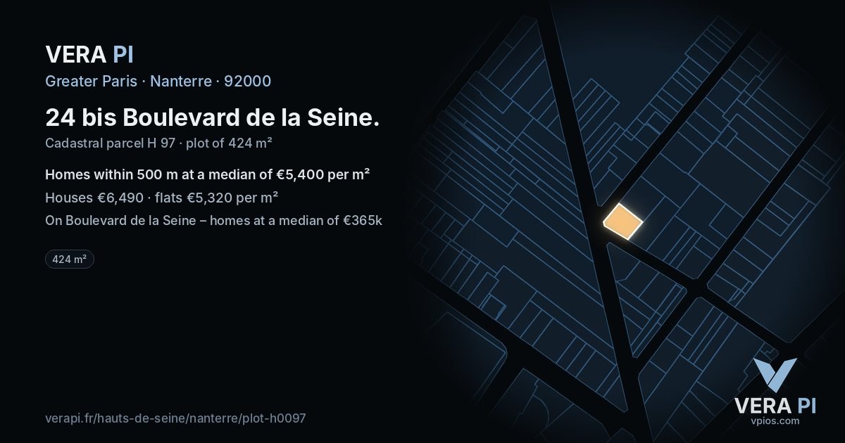 24 bis Boulevard de la Seine, Nanterre at night – the plot lit, the parcels around coloured by the prices near them