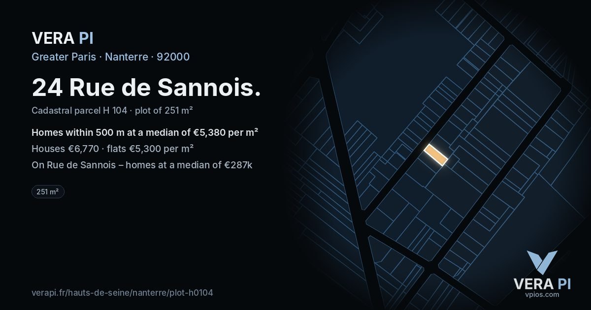 24 Rue de Sannois, Nanterre at night – the plot lit, the parcels around coloured by the prices near them