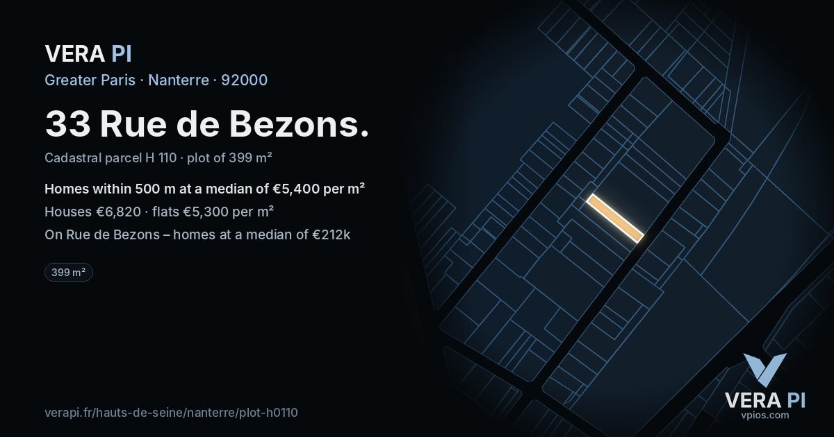 33 Rue de Bezons, Nanterre at night – the plot lit, the parcels around coloured by the prices near them
