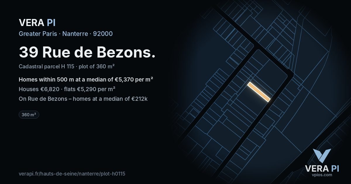 39 Rue de Bezons, Nanterre at night – the plot lit, the parcels around coloured by the prices near them