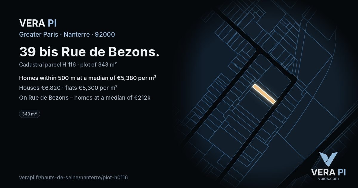 39 bis Rue de Bezons, Nanterre at night – the plot lit, the parcels around coloured by the prices near them