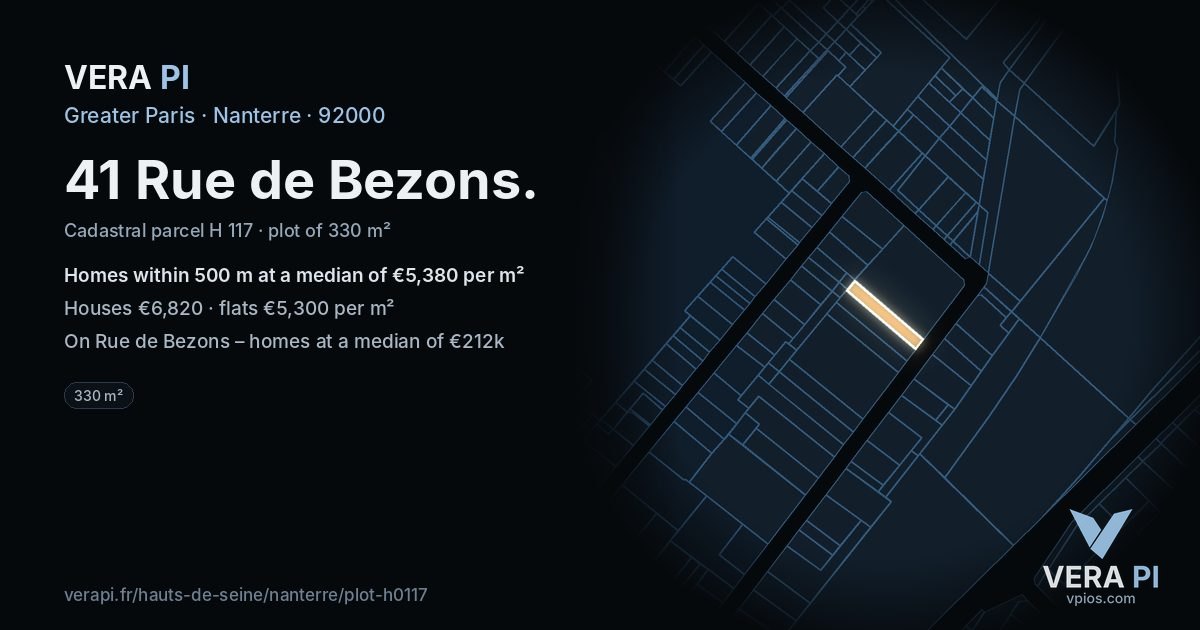 41 Rue de Bezons, Nanterre at night – the plot lit, the parcels around coloured by the prices near them