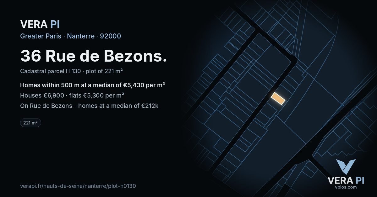 36 Rue de Bezons, Nanterre at night – the plot lit, the parcels around coloured by the prices near them