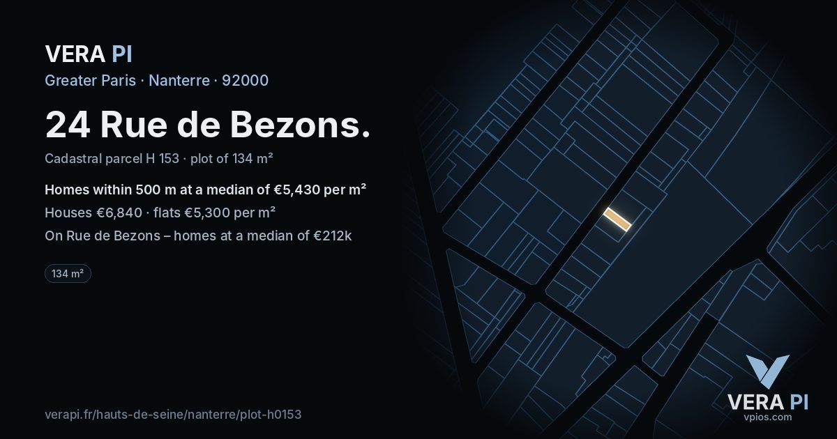 24 Rue de Bezons, Nanterre at night – the plot lit, the parcels around coloured by the prices near them