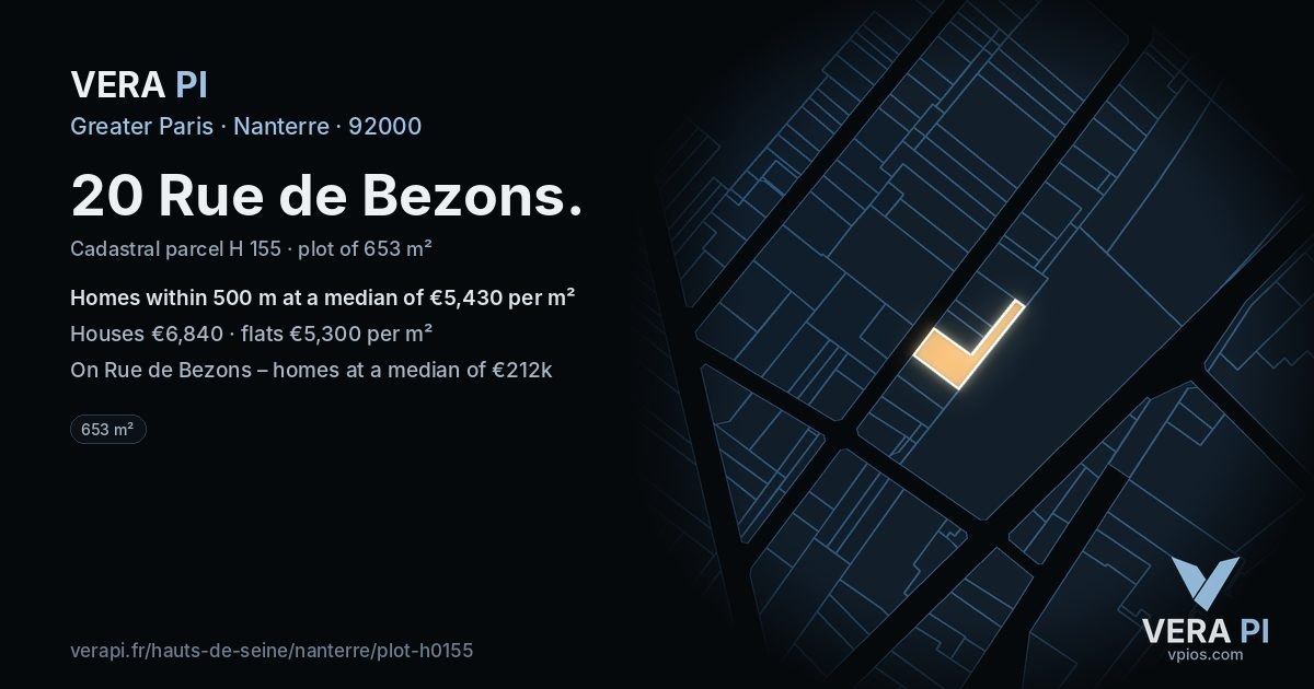 20 Rue de Bezons, Nanterre at night – the plot lit, the parcels around coloured by the prices near them