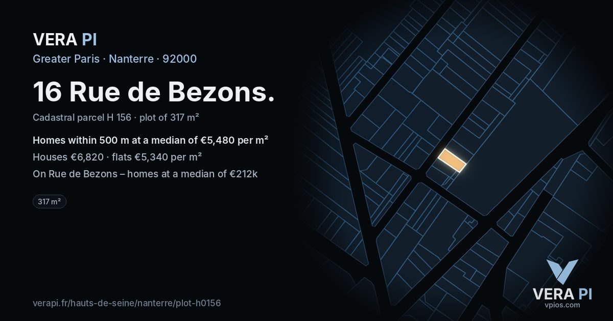 16 Rue de Bezons, Nanterre at night – the plot lit, the parcels around coloured by the prices near them