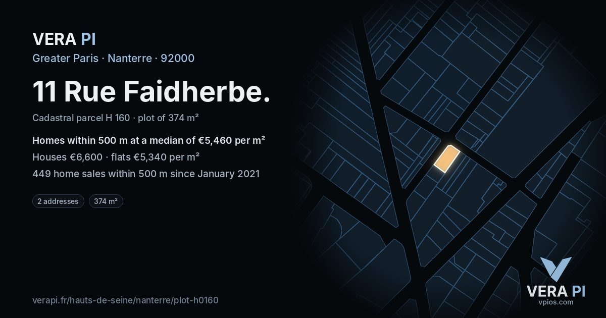 11 Rue Faidherbe, Nanterre at night – the plot lit, the parcels around coloured by the prices near them