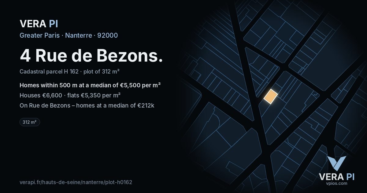 4 Rue de Bezons, Nanterre at night – the plot lit, the parcels around coloured by the prices near them
