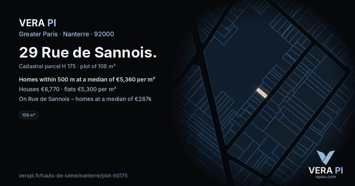 29 Rue de Sannois, Nanterre at night – the plot lit, the parcels around coloured by the prices near them