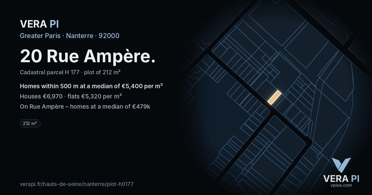 20 Rue Ampère, Nanterre at night – the plot lit, the parcels around coloured by the prices near them