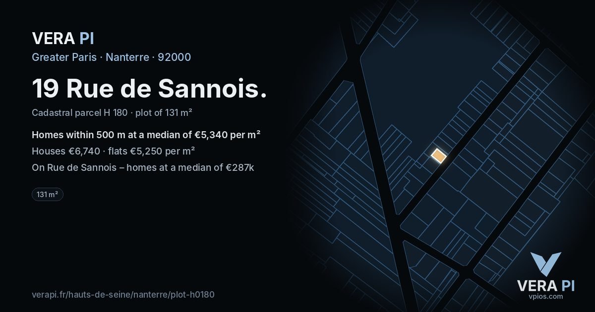 19 Rue de Sannois, Nanterre at night – the plot lit, the parcels around coloured by the prices near them