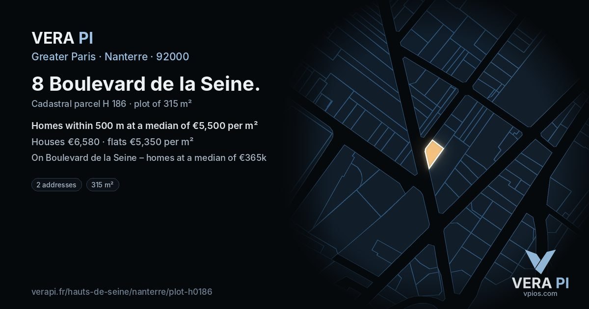 8 Boulevard de la Seine, Nanterre at night – the plot lit, the parcels around coloured by the prices near them