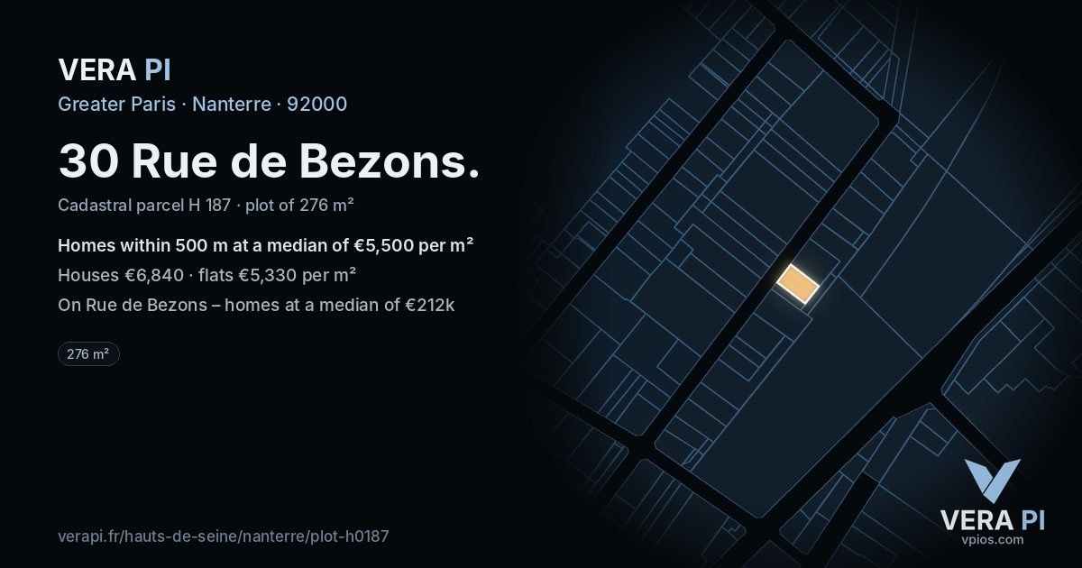 30 Rue de Bezons, Nanterre at night – the plot lit, the parcels around coloured by the prices near them