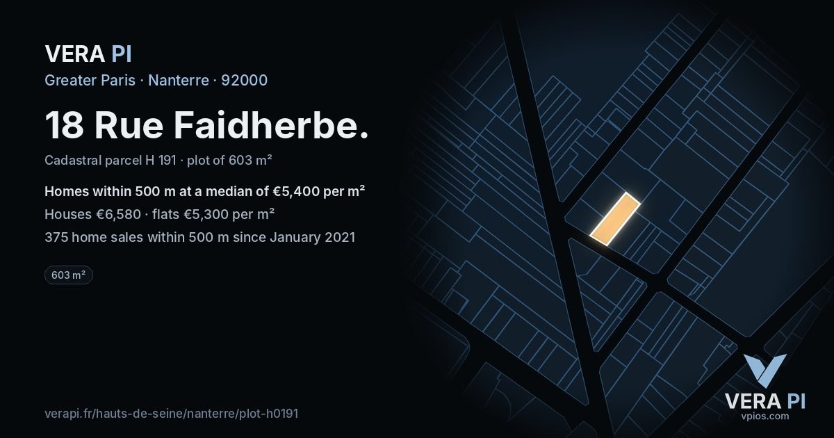 18 Rue Faidherbe, Nanterre at night – the plot lit, the parcels around coloured by the prices near them