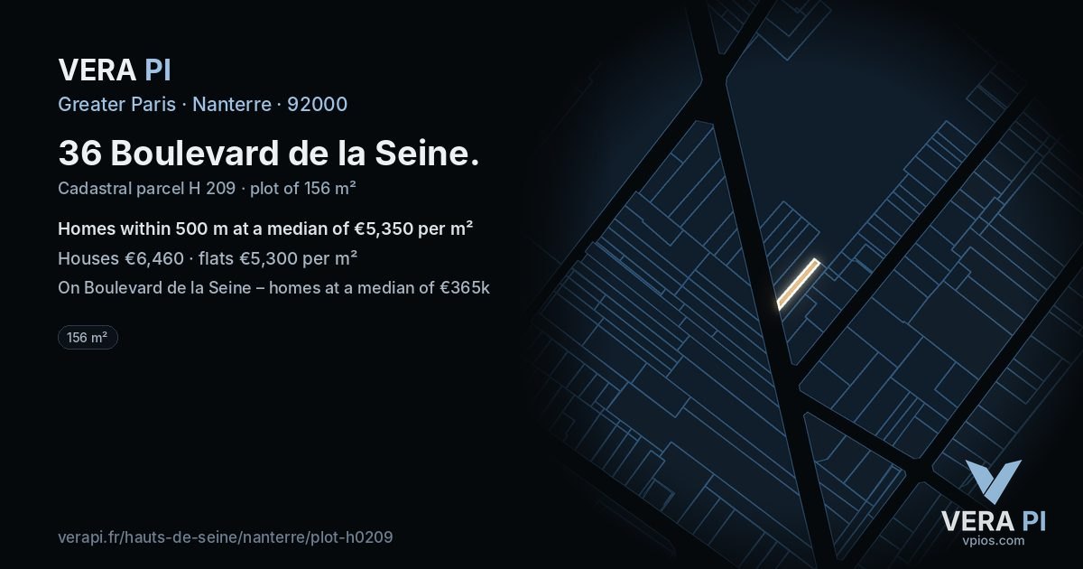 36 Boulevard de la Seine, Nanterre at night – the plot lit, the parcels around coloured by the prices near them