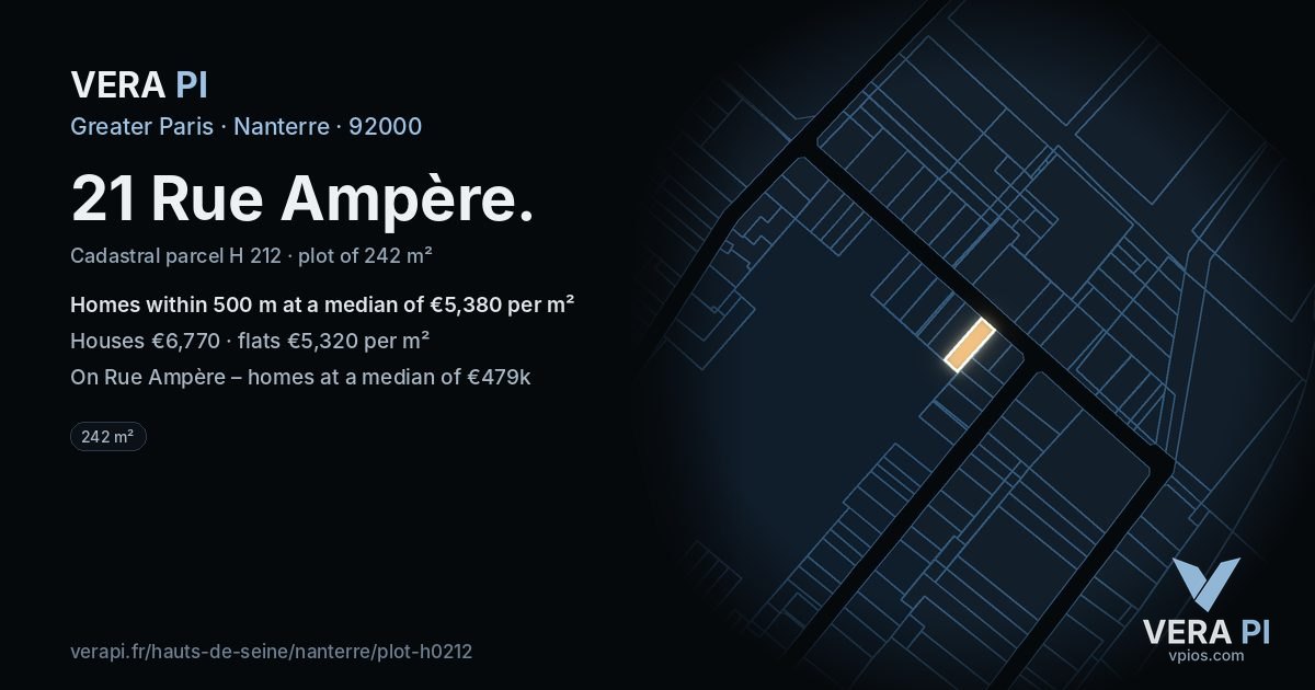 21 Rue Ampère, Nanterre at night – the plot lit, the parcels around coloured by the prices near them